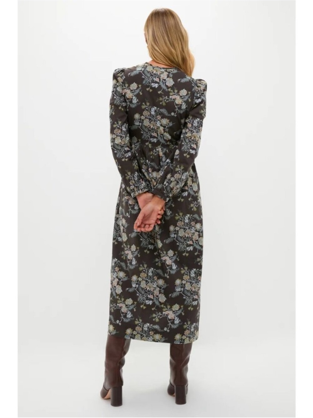 Tuckernuck Long Sleeve Brown Multi Floral Oslo Midi Dress - Picture 3 of 3